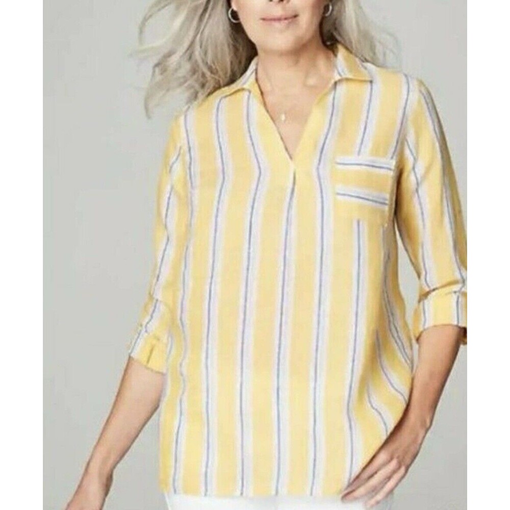J. Jill Womens 100% Linen Yellow Striped V-Neck Shirt Size XL